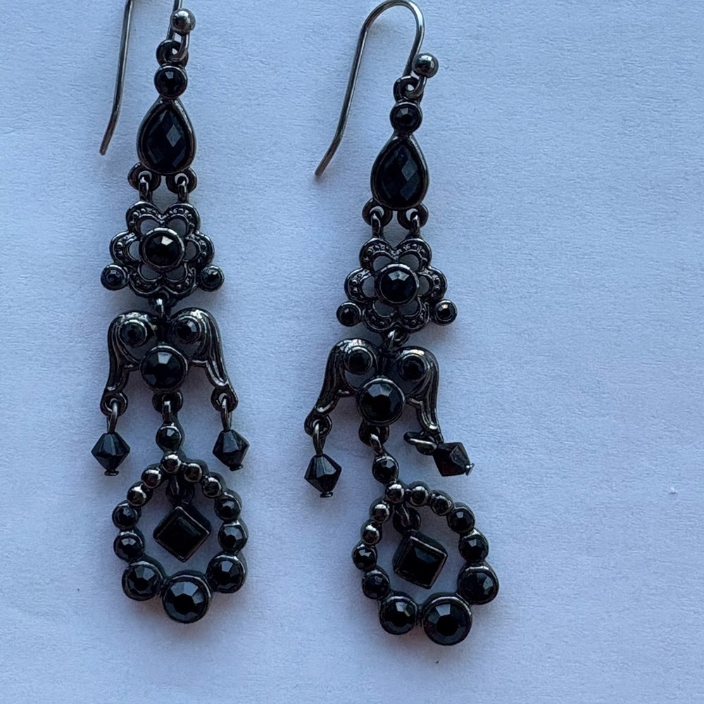 Gothic Black and silver Dangle Earrings with black crystals eclectic design
